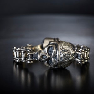 Biker Skull Chain Bracelet - Oxidized Solid 925 Sterling Silver - Harly gift for him - Rare gift for Biker - Mechanic Jewelry