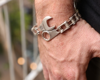 Schraubenschlüssel Armband, Schraubenschlüssel Armband, Motorrad Sterling Armband, Fahrrad Gliederarmband, Biker Silberkette Armband, Herren Schmuck