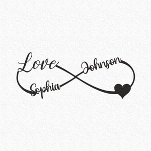 Puede incluir: Símbolo de infinito negro con las palabras "Love" y "Sophia" en un lado y "Johnson" en el otro. Un pequeño corazón negro se encuentra en la parte inferior del símbolo.