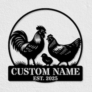 Personalized Chicken Family Farm Sign, Custom Rooster Hen Chick Metal Sign