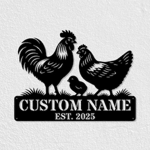 Personalized Chicken Family Farm Sign, Custom Rooster Hen Chick Metal Sign