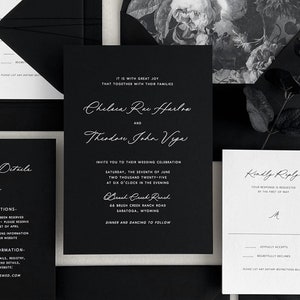 Modern Black Wedding Invitations | Elegant Minimal Invitation Set Printed on Black Paper | Custom Black & White Luxury Invites | The Chelsea