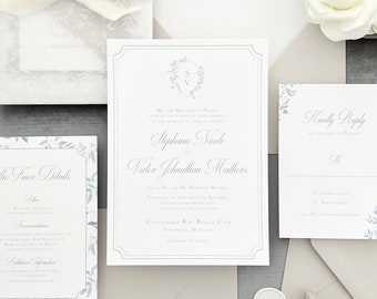 Elegant Monogram Wedding Invitation Set | Printed Luxury Wedding Invites with Classic Floral Crest & Romantic Script Font