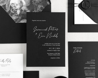Black Wedding Invitations | Modern Minimal White Ink Wedding Invitation Set on Black Paper | Custom Printed Set of Black Luxury Invites