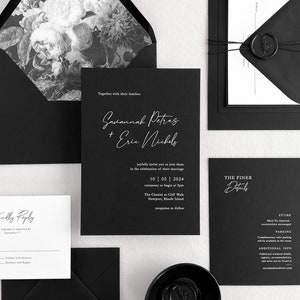 Black Wedding Invitations | Modern Minimal White Ink Wedding Invitation Set on Black Paper | Custom Printed Set of Black Luxury Invites