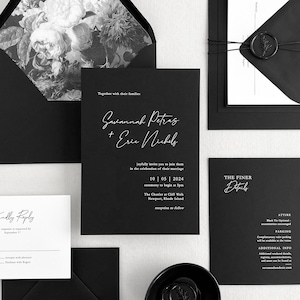 Black Wedding Invitations | Modern Minimal White Ink Wedding Invitation Set on Black Paper | Custom Printed Set of Black Luxury Invites