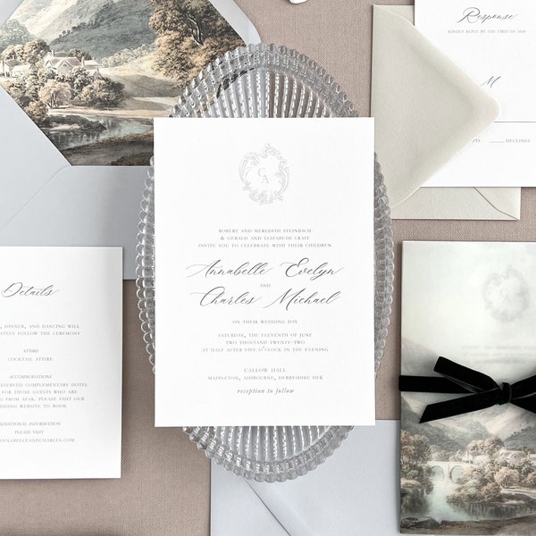 Romantic Wedding Invitation Set | Classic Custom Invites with Monogram Crest and Elegant Calligraphy Font | Printed Wedding Invitation Set