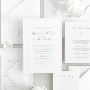 Elegant Floral Invitation Set | Custom Classic Wedding Invite with Debossed Border, Line Drawn Florals | Printed Personalized Invitation Set