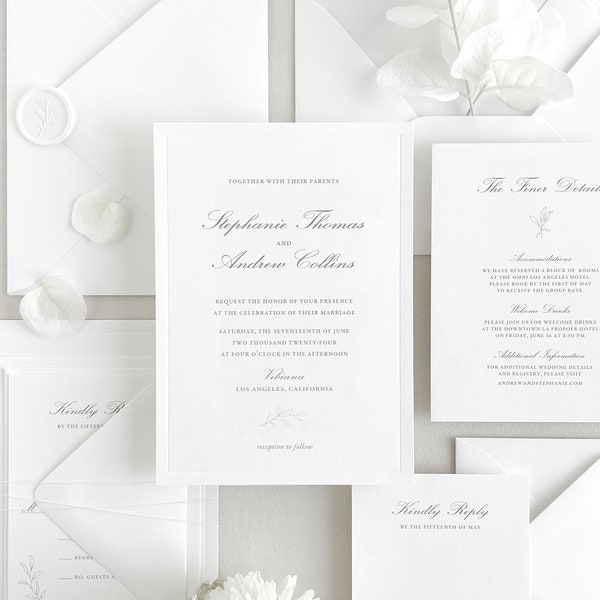 Elegant Floral Invitation Set | Custom Classic Wedding Invite with Debossed Border, Line Drawn Florals | Printed Personalized Invitation Set
