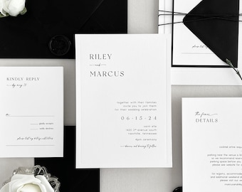 Modern Wedding Invitations | Printed Minimal Wedding Invite with Debossed Border | Custom Invitation Set with Envelopes, Liner, Insert Cards