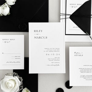Modern Wedding Invitations | Printed Minimal Wedding Invite with Debossed Border | Custom Invitation Set with Envelopes, Liner, Insert Cards