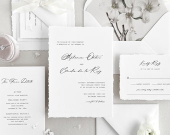 Deckled Edge Wedding Invitation Set | Elegant Custom Wedding Invites with Hand-Torn Edges + Calligraphy Script Font | Set with Envelopes