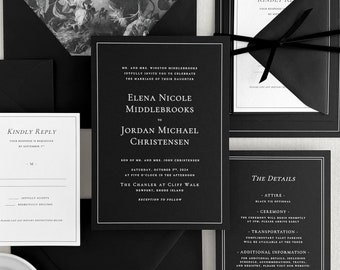 Classic Black Wedding Invitations | Minimal Sleek Invitation Set Printed on Black Paper | Custom Black and White Luxury Invites | The Elena