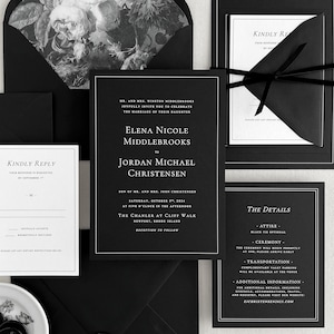 Classic Black Wedding Invitations | Minimal Sleek Invitation Set Printed on Black Paper | Custom Black and White Luxury Invites | The Elena