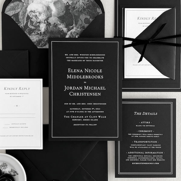 Classic Black Wedding Invitations | Minimal Sleek Invitation Set Printed on Black Paper | Custom Black and White Luxury Invites | The Elena