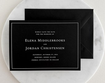 Classic Black Save the Date | Elegant Save the Date Cards Printed on Black Paper | Black & White Save the Date Set with Envelope | The Elena