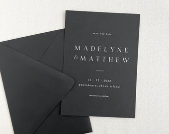 Modern Black Save the Dates | Custom Printed Save the Date Card on Black Paper | White Ink Save the Date Set with Envelopes