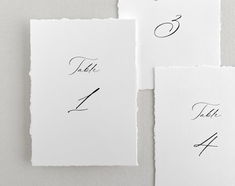 Table Numbers with Deckled Edge, Calligraphy Font | Elegant Wedding Table Card with Hand-Torn Edges | Custom 5x7 Printed Table Number Sign