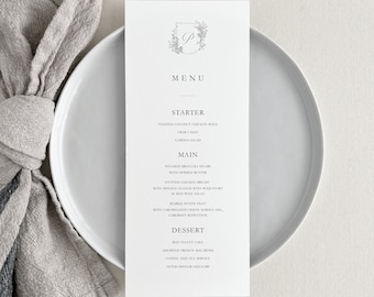 Modern Menu with Floral Monogram Crest | Classic, Custom Printed Wedding Menu Card | Tall / Skinny / Long Menu for Wedding Reception Dinner