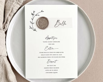 Menu with Place Card, Wax Seal, Vellum | Custom Floral Wedding Menu Card with Vellum Place Card & Wax Seal | Modern Menu Sign with Name Card