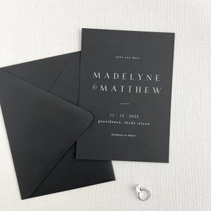 Modern Black Save the Date Card | Personalized White Ink Save our Date Set on Black Paper | Printed Save the Date Set with Envelope