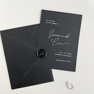 Black Save the Date Set | Custom Modern White Ink Calligraphy Save the Date Card on Black Paper | Printed Save the Date Set with Envelope