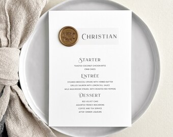 Modern Menu with Place Card, Vellum & Wax Seal | Custom Printed 5x7" Wedding Menu with Modern Font, Guest Name Card on Vellum with Wax Seal