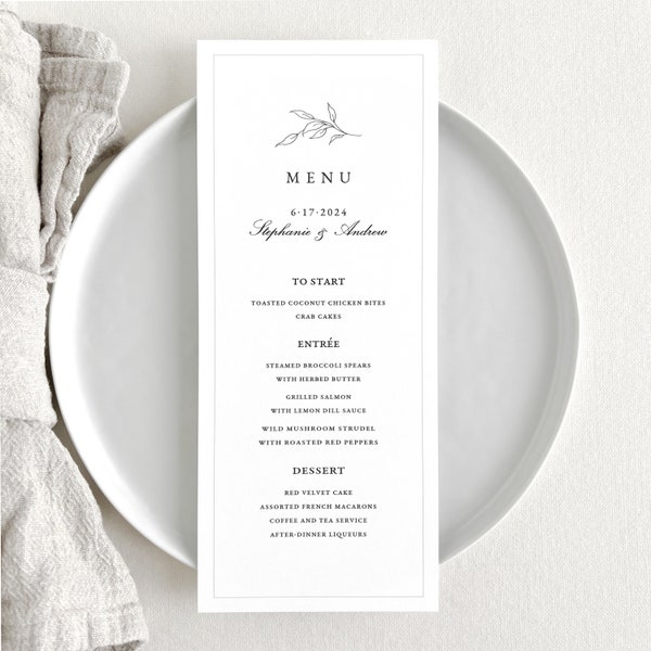 Elegant Floral Menu | Custom Wedding Menu with Minimalist Florals & Border | Printed Long / Skinny / Tall Menu Card for Wedding Dinner