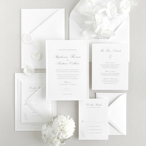 Elegant Floral Invitation Set | Custom Classic Wedding Invites with Debossed Border, Line Drawn Florals | Printed Invitation Set