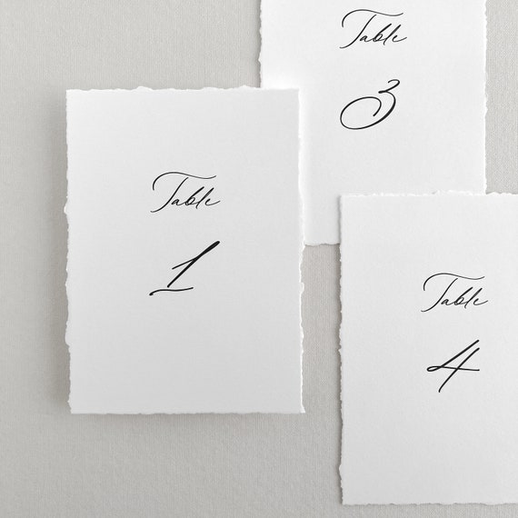 Table Numbers with Deckled Edge & Calligraphy Font | Elegant Wedding Table Card with Hand-Torn Edges | Printed 4x6" or 5x7" Table Numbers