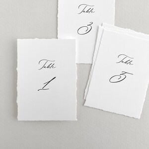 Pu&ograve; includere: Tre carte di numero di tavolo bianche con calligrafia nera. Le carte sono numerate 1, 2 e 3. Le carte hanno un bordo ruvido e testurizzato.