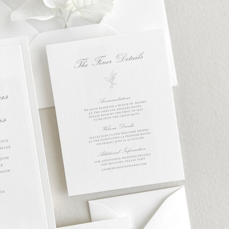 Classic Details Card: script font for headers and block font for main text. A hand-drawn floral sprig is placed between the header and main text