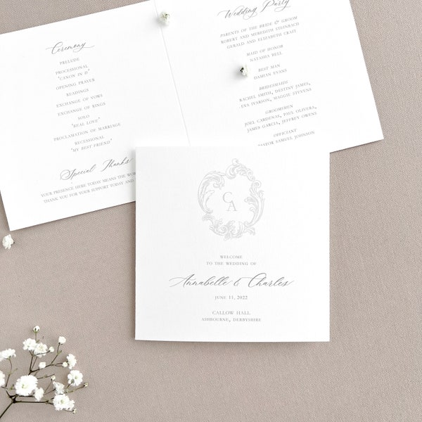 Wedding Program Book with Monogram Crest | Folded Square Wedding Ceremony Program | Elegant & Classic Double-Sided Personalized Program
