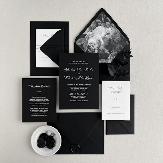 Modern Black Wedding Invitations | Elegant Minimal Invitation Set Printed on Black Paper | Custom Black & White Luxury Invites | The Chelsea