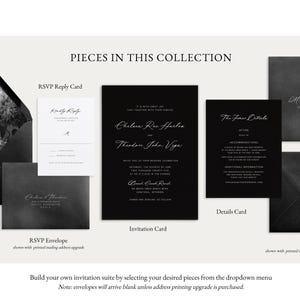 K&ouml;nnte beinhalten: Schwarze und wei&szlig;e Hochzeitseinladungssuite mit floralem Design. Die Suite umfasst eine Einladungskarte, eine Detailkarte, eine RSVP-Karte und Umschl&auml;ge. Der Text auf der Einladungskarte lautet "Chelene Roc Harber und Thielen John Vige".