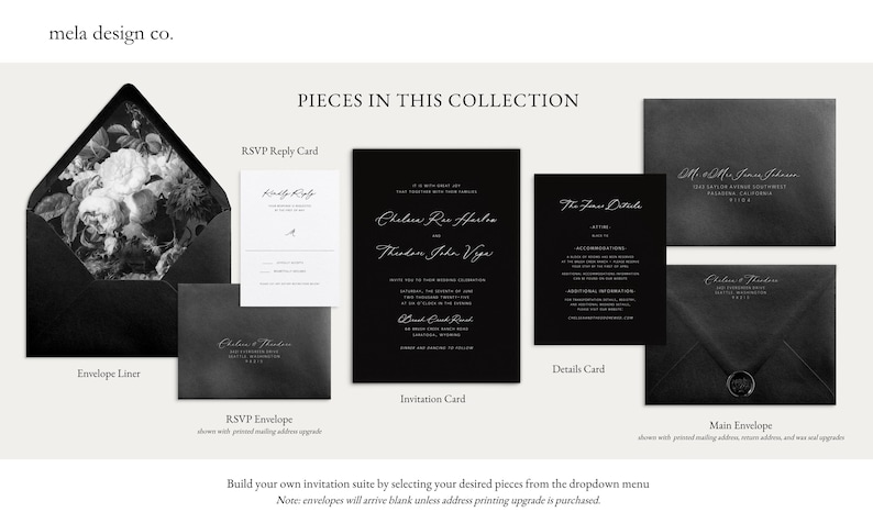 K&ouml;nnte beinhalten: Schwarze und wei&szlig;e Hochzeitseinladungssuite mit floralem Design. Die Suite umfasst eine Einladungskarte, eine Detailkarte, eine RSVP-Karte und Umschl&auml;ge. Der Text auf der Einladungskarte lautet "Chelene Roc Harber und Thielen John Vige".