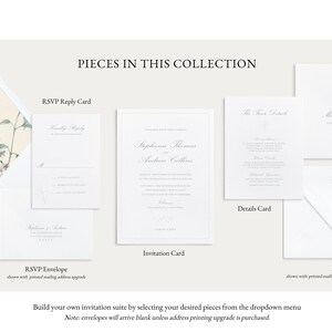 Order guide page 1 shows the available pieces in the collection: Invitation card, RSVP Card and RSVP Envelope, Details card, Main Envelope, and Envelope Liner