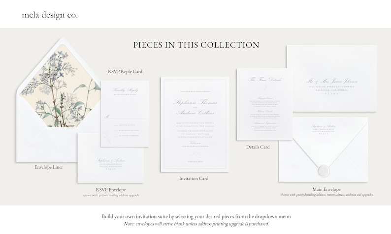 Order guide page 1 shows the available pieces in the collection: Invitation card, RSVP Card and RSVP Envelope, Details card, Main Envelope, and Envelope Liner