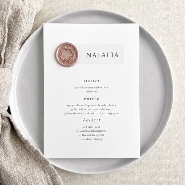 Classic Menu with Place Card, Wax Seal | Custom Wedding Menu Card with Guest Name on Vellum & Wax Seal | 5x7" Elegant Menu with Name Card