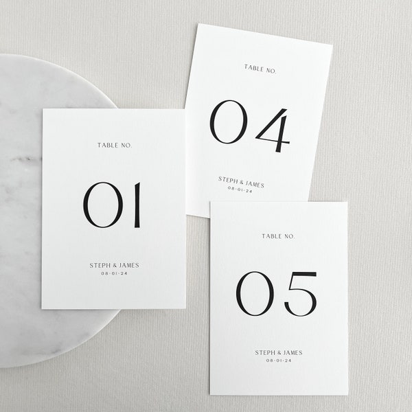 Personalized Modern Table Number Cards | Minimal Table Number Signs for Wedding | Custom Printed 5x7  Table Numbers with Names, Wedding Date