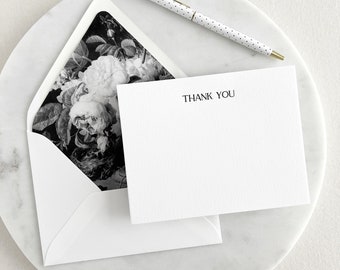 Letterpress Thank You Cards Set | Modern Minimal Note Card Set with Envelopes and Black & White Floral Envelope Liner | Pack of 10 or 25