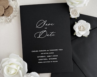 Elegant Black Save the Dates | Custom White Ink Save the Date Card on Black Paper | Printed Save the Date set with Envelopes | The Chelsea