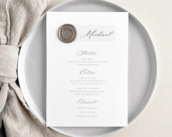 Menu with Place Card, Vellum, Wax Seal, Calligraphy Font | Custom Wedding Menu Card with Elegant Font, Guest Name | 5x7" Menu with Name Card