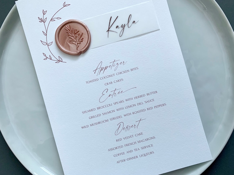 Menu with Place Card Modern Menu Sign with Name Card Vellum Wax Seal Custom Floral Wedding Menu Card with Vellum Place Card /& Wax Seal