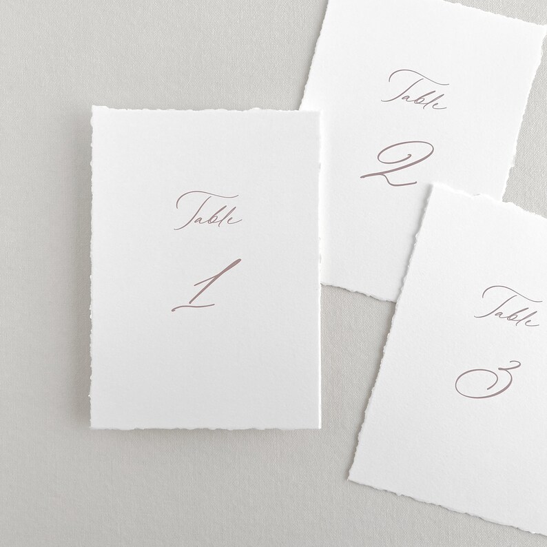 Pu&ograve; includere: Tre carte di numero di tavolo bianche con un bordo sfrangiato. Le carte sono numerate 1, 2 e 3. I numeri sono scritti in corsivo in un colore rosa chiaro. Il testo "Tavolo" &egrave; scritto sopra ogni numero.