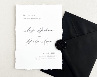 Deckled Edge Save the Dates | Modern Luxury Save the Date with Hand-Torn Deckled Edge & Elegant Calligraphy Font | Printed Set with Envelope