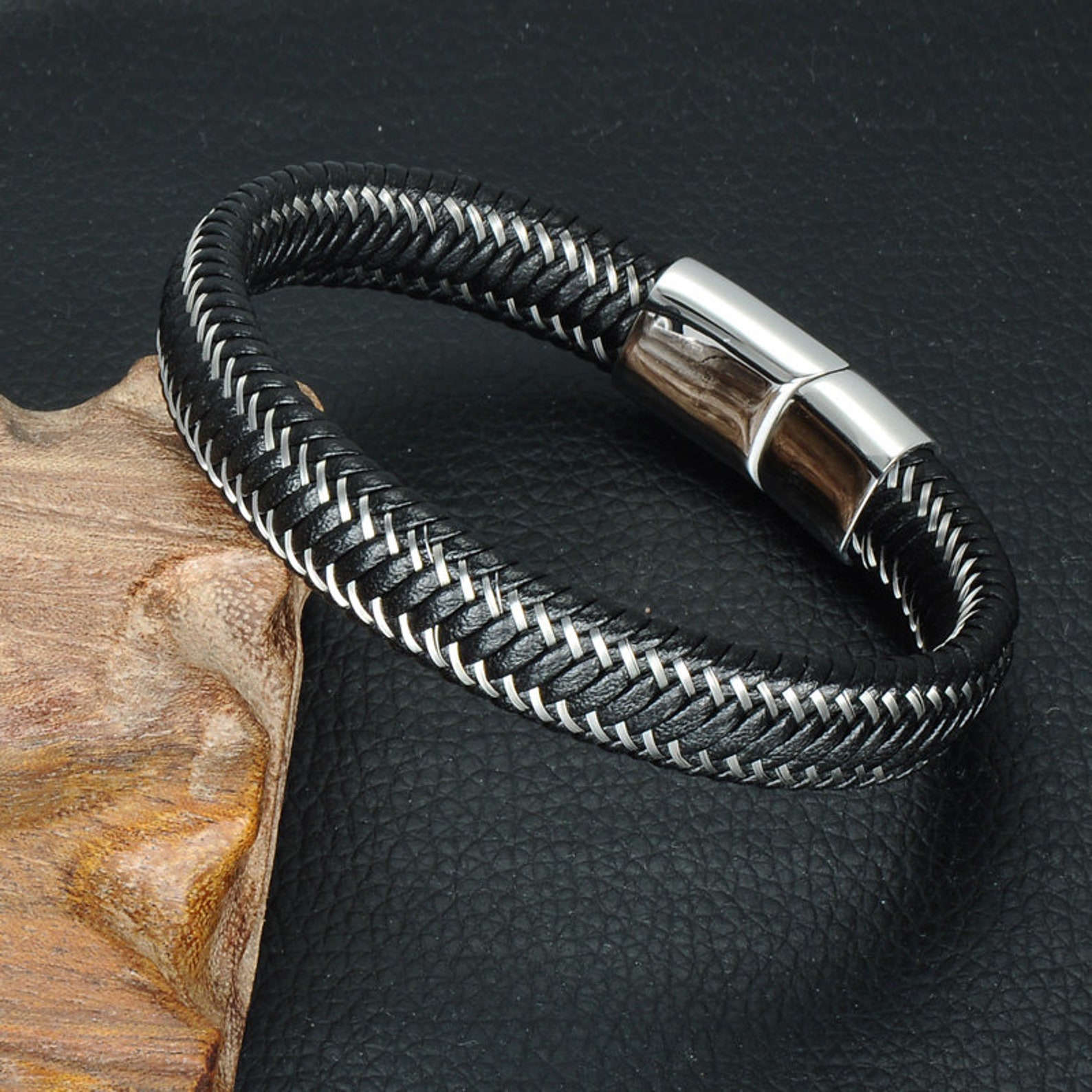 Mens REAL Silver Leather Bracelet Wristband Stainless Steel Etsy