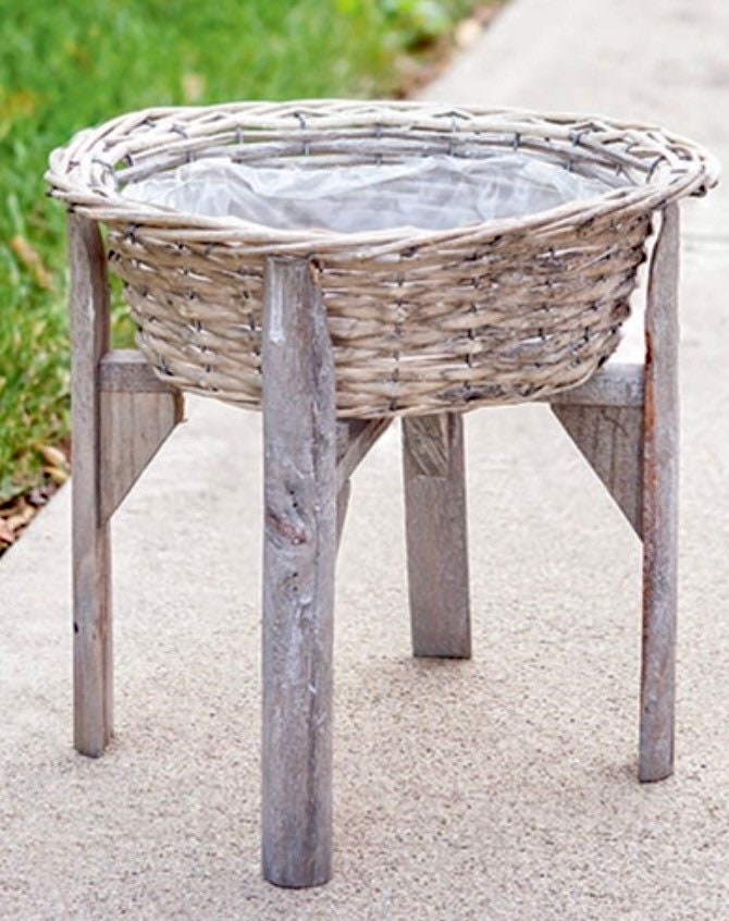 Wood Plant Stand with Wicker Basket Etsy