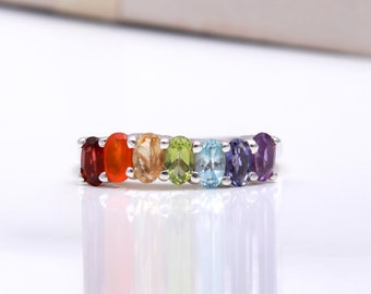 Natural 7 Piece Of Blue Topaz, Peridot, Citrine, Red Garnet, Tanzanite, Carnelian And Amethyst Ring, 925 Sterling Silver, Gift For Women.