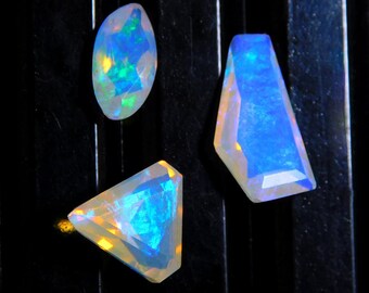 Rare 1.4 Carat 3 Pieces Of Lot,  Natural Australian Water Opal, Full Bass Blue Fire Transparent,  Faceted Opal, Jewelry Making.